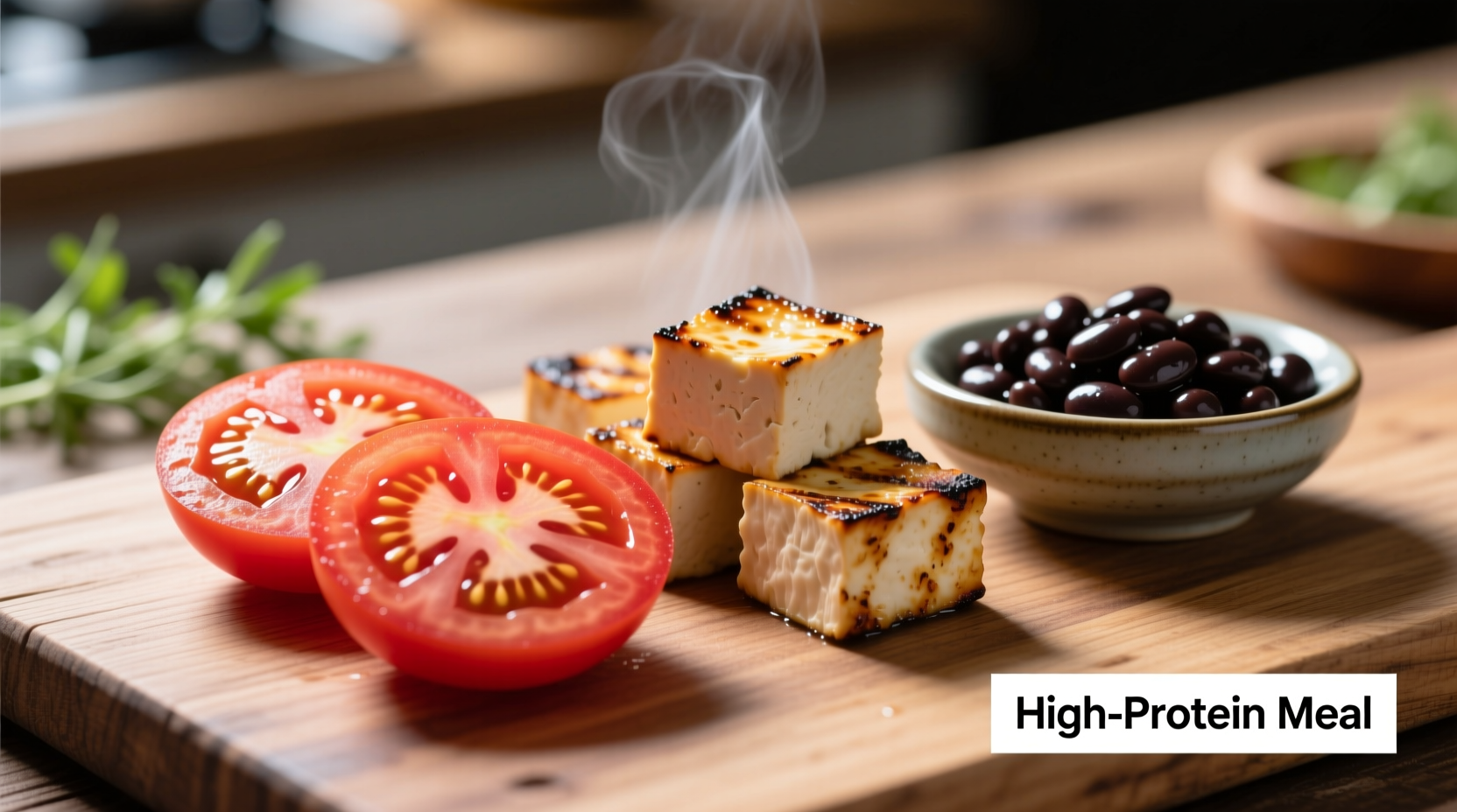 Tomato slices next to protein-rich foods like beans and tofu