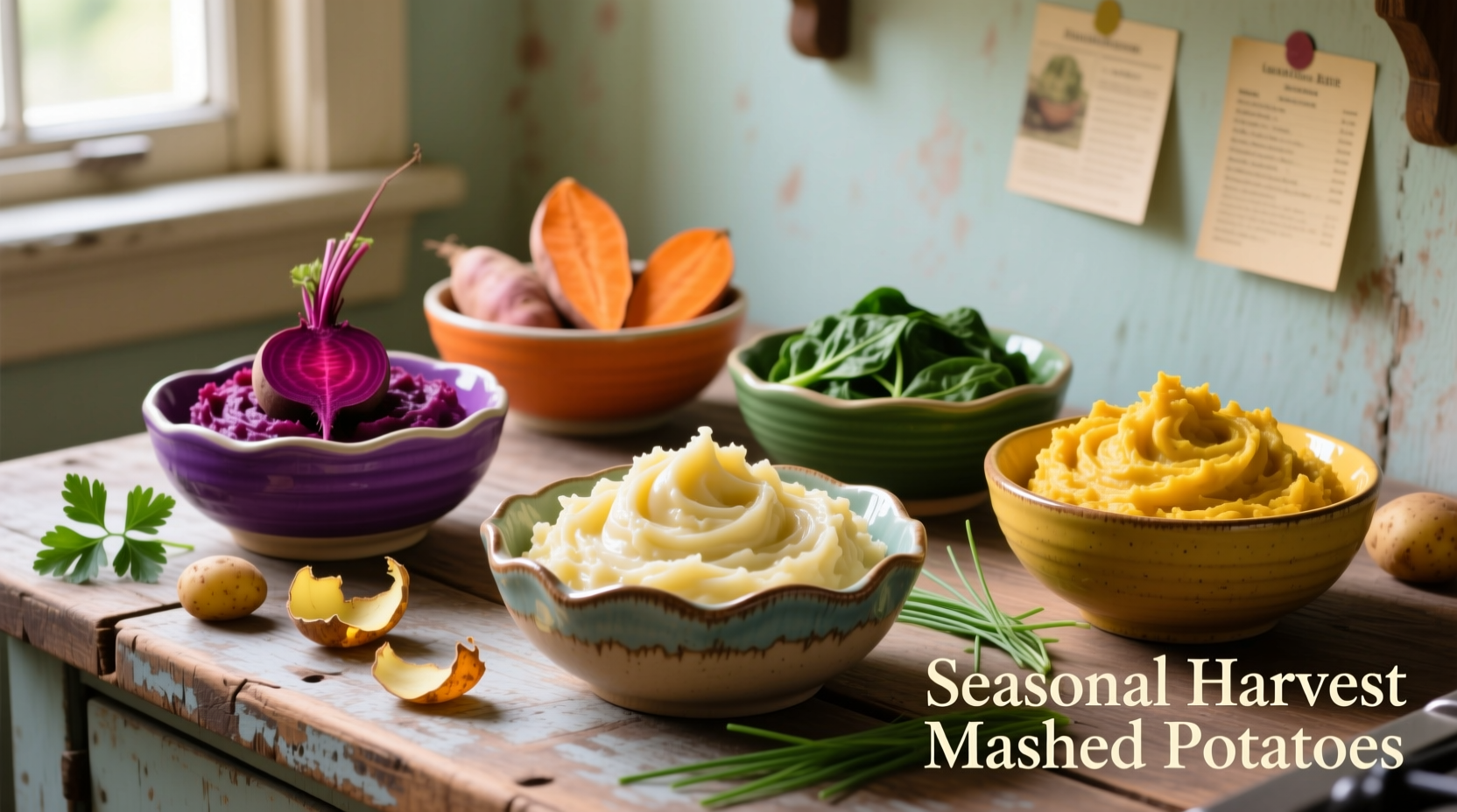 Colorful mashed potato variations in ceramic bowls