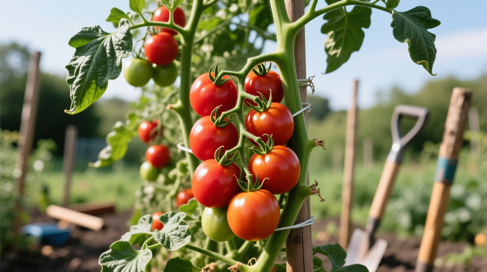 Tomato plant with ripe fruit growing on vine