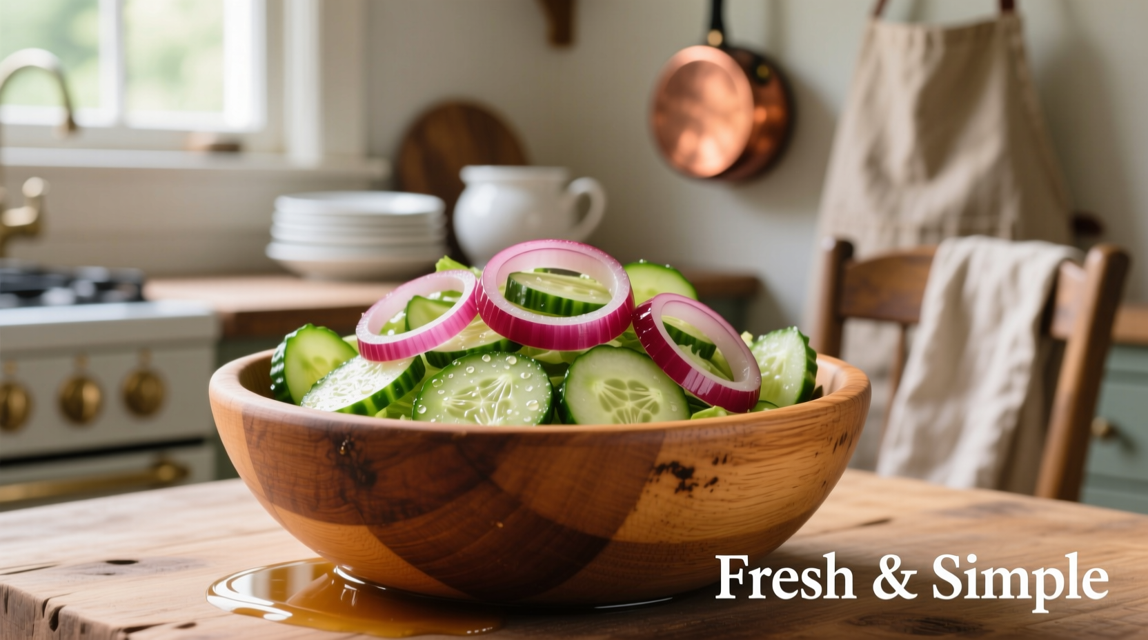 Fresh cucumber and red onion salad in a wooden bowl