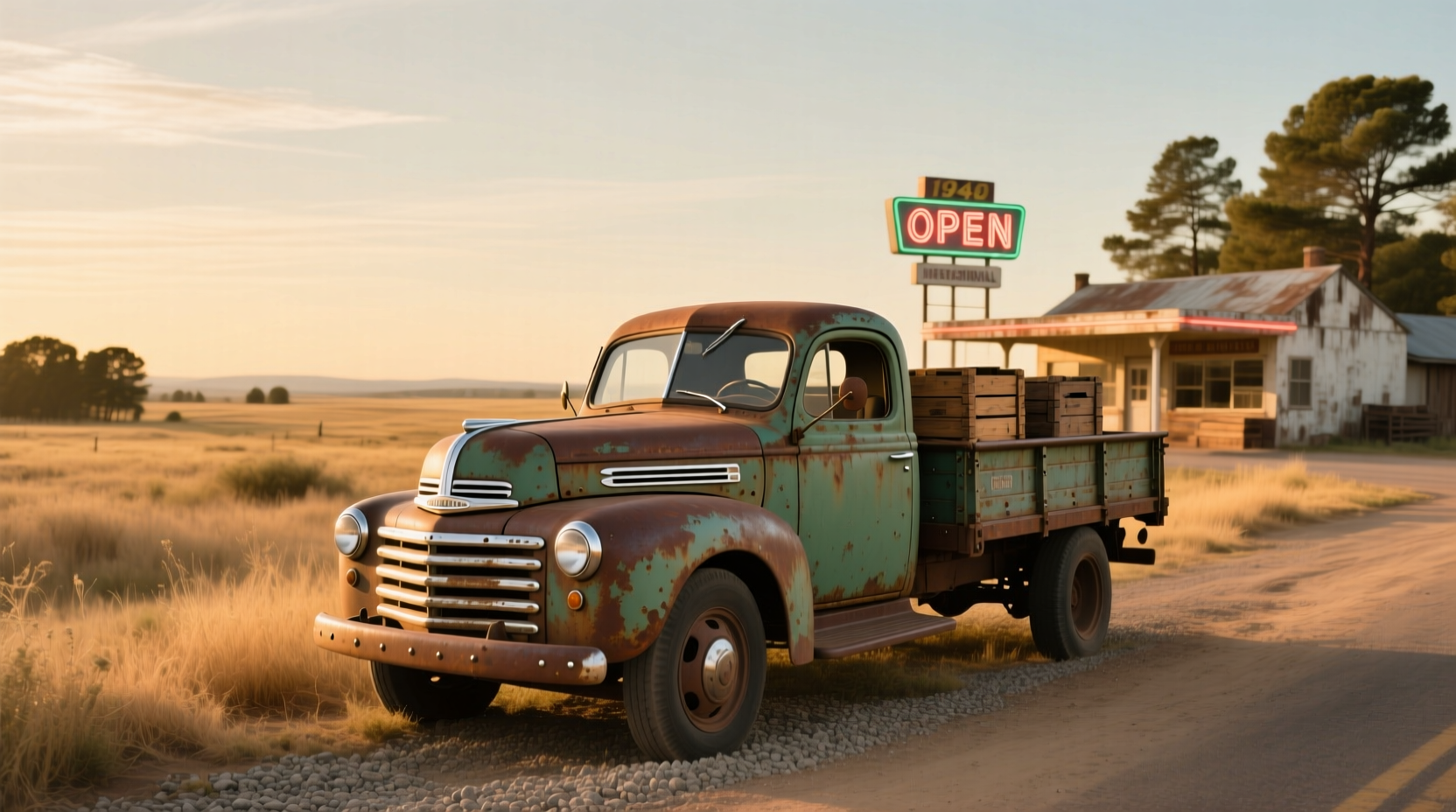 1940 International pickup truck parked beside a vintage barn