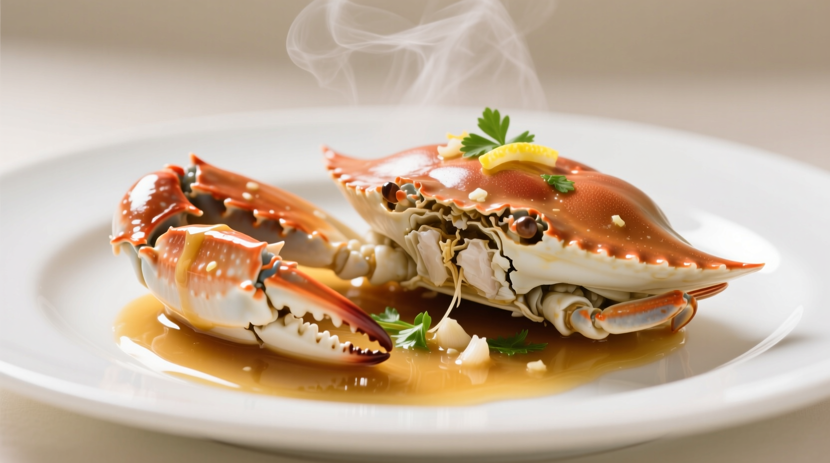 Steamed crab legs with garlic butter sauce on white plate