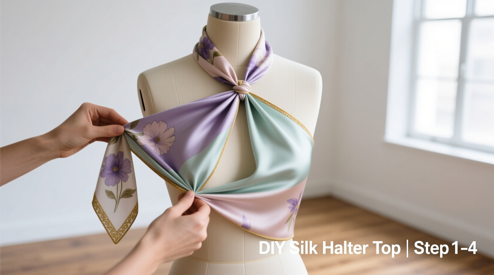 Transforming rectangular silk scarf into halter top tutorial