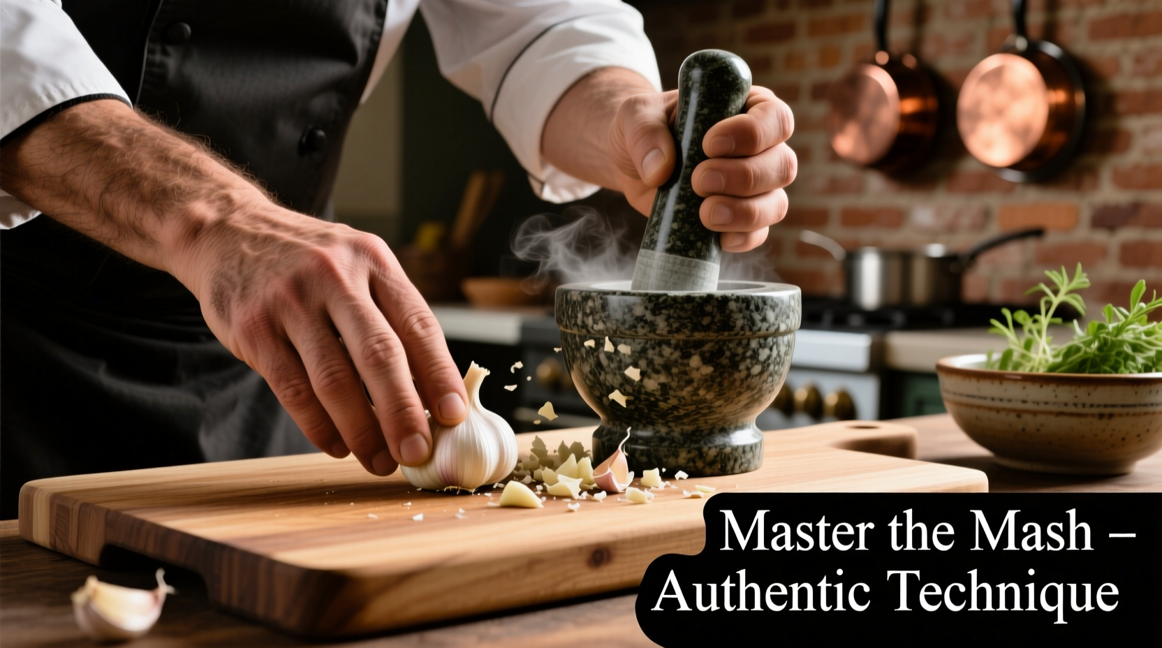 Chef's hand demonstrating garlic smashing technique