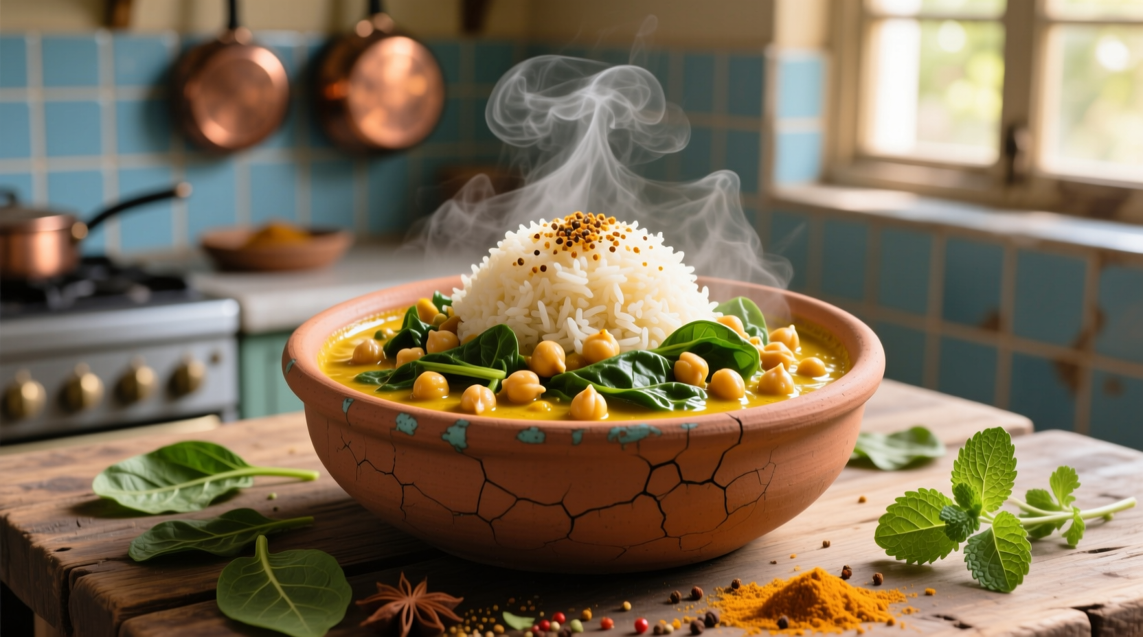 Spinach chickpea curry in clay pot with rice