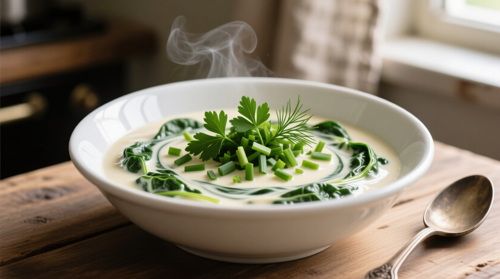 Creamed spinach in white bowl with fresh herbs