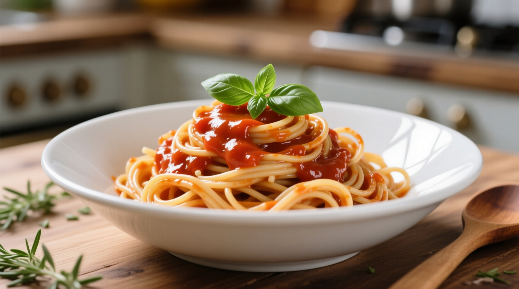 Simple tomato sauce tossed with spaghetti in a white bowl