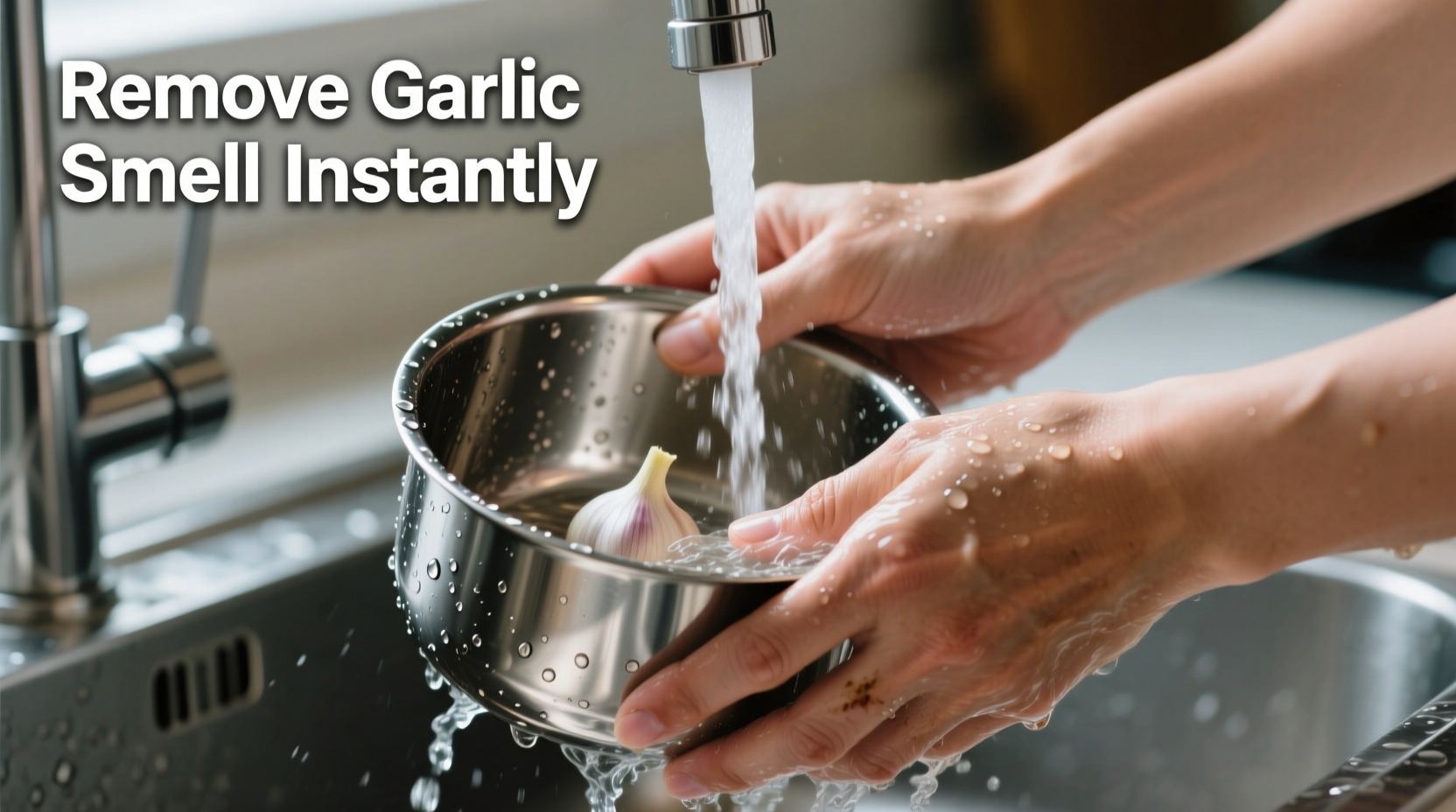 Hands rubbing stainless steel under running water to remove garlic smell