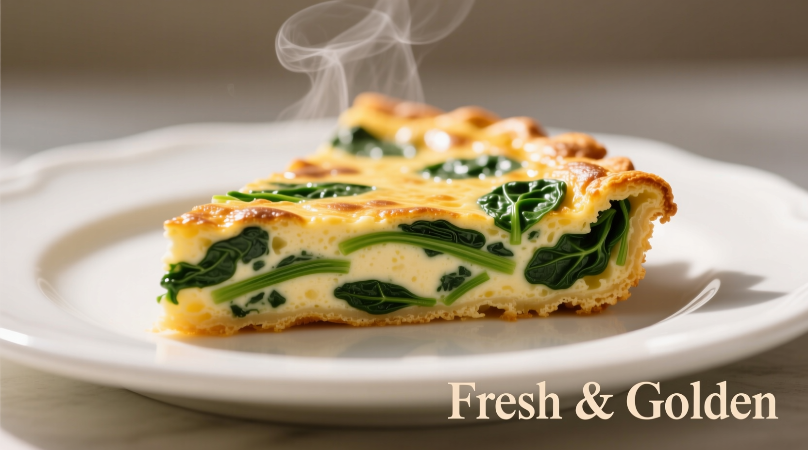Perfect golden spinach frittata slice on white plate