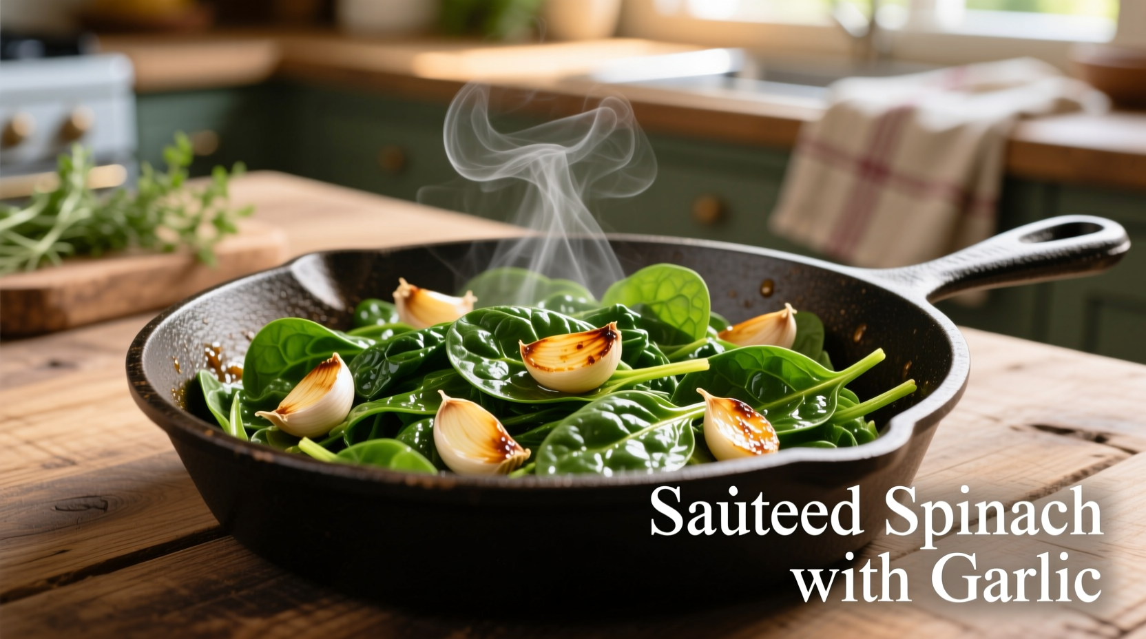 Perfectly sautéed spinach with garlic in skillet