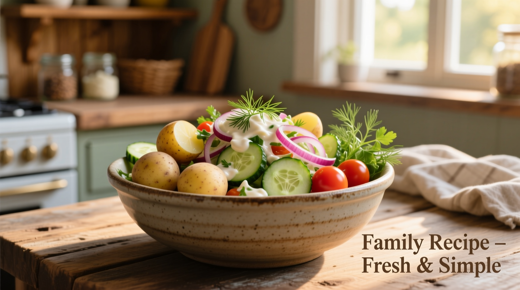 Homemade potato salad in mixing bowl with fresh ingredients