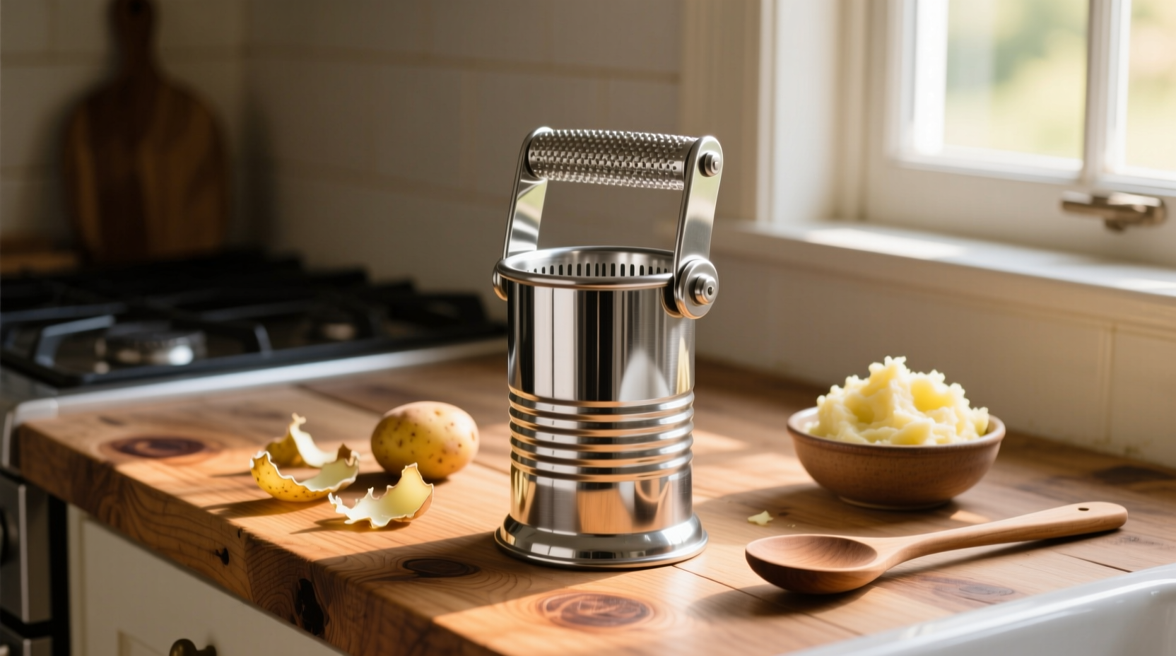 Stainless steel potato ricer on wooden kitchen counter