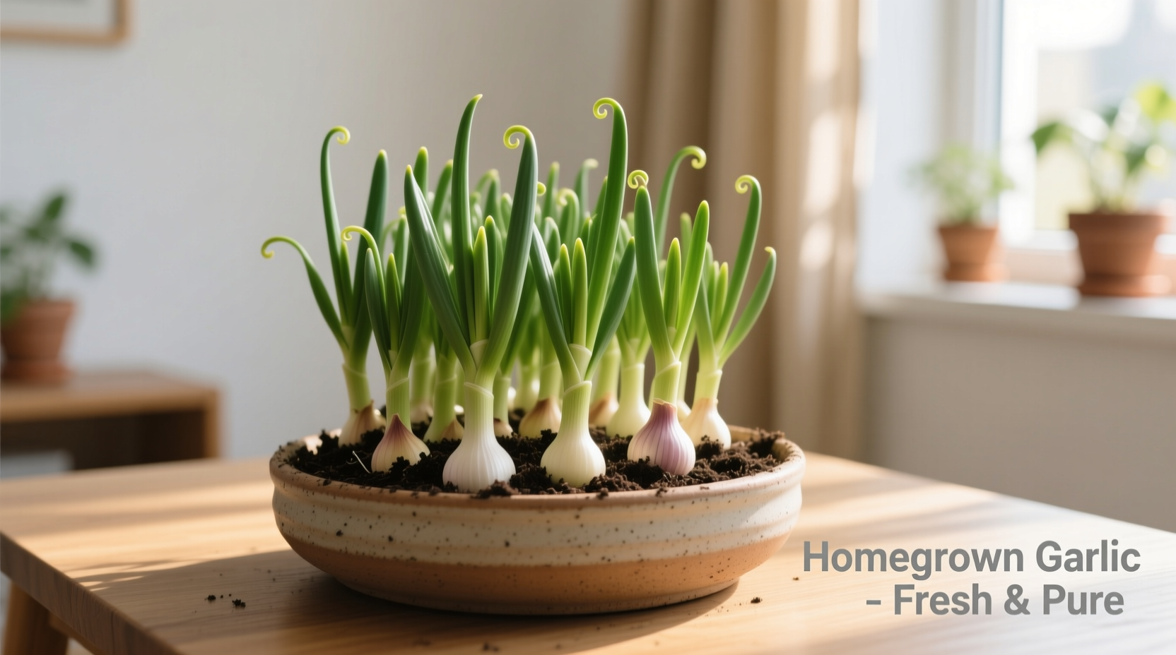 Indoor garlic growing in container with healthy green shoots