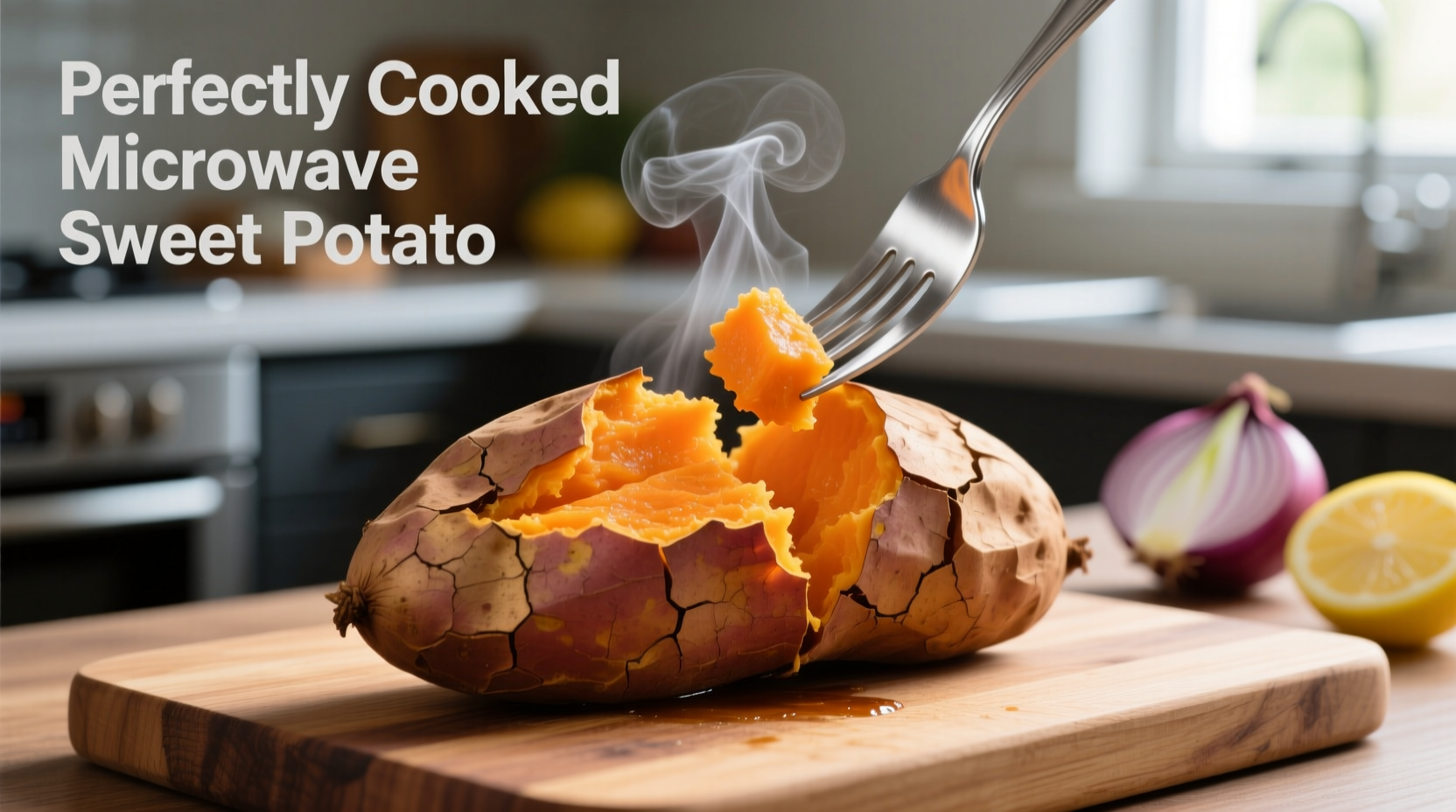 Perfectly cooked microwave sweet potato with fork
