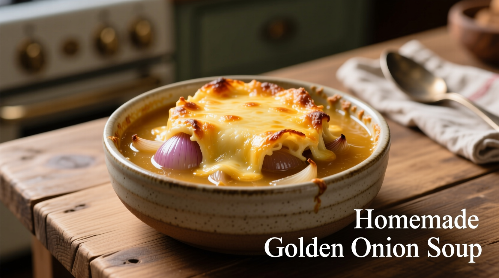 Golden onion soup with melted cheese topping in ceramic bowl