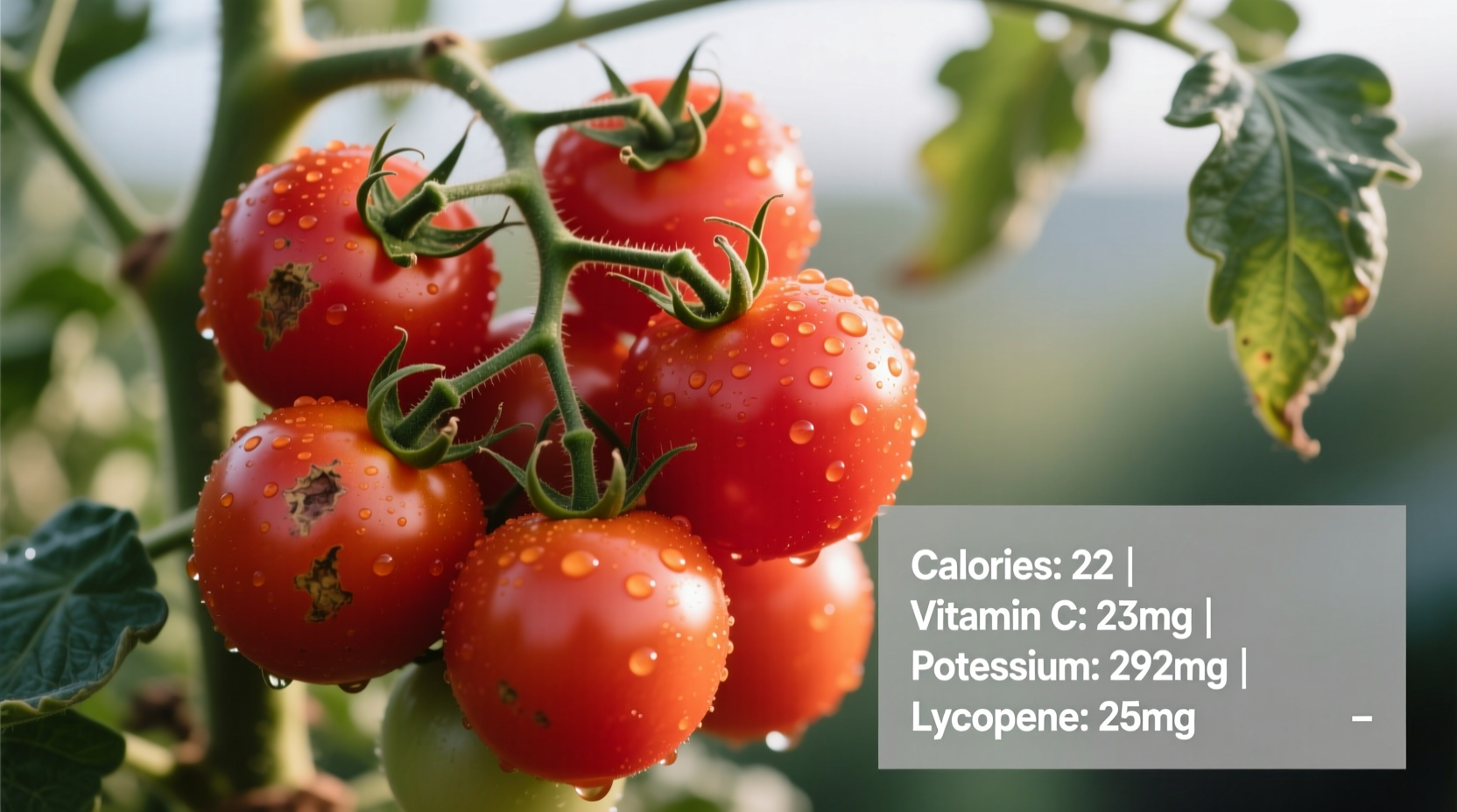 Fresh tomatoes on vine with nutrients chart