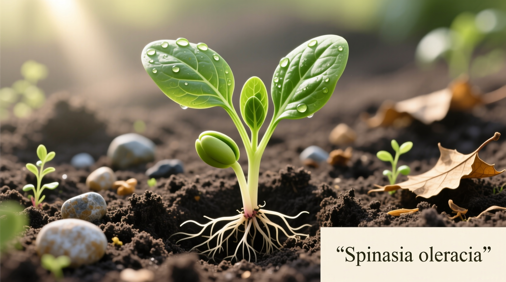 Spinach seedlings growing in well-prepared garden soil