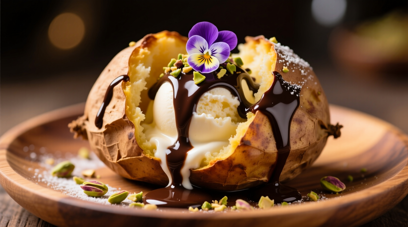 Idaho ice cream potato dessert on a plate with chocolate sauce