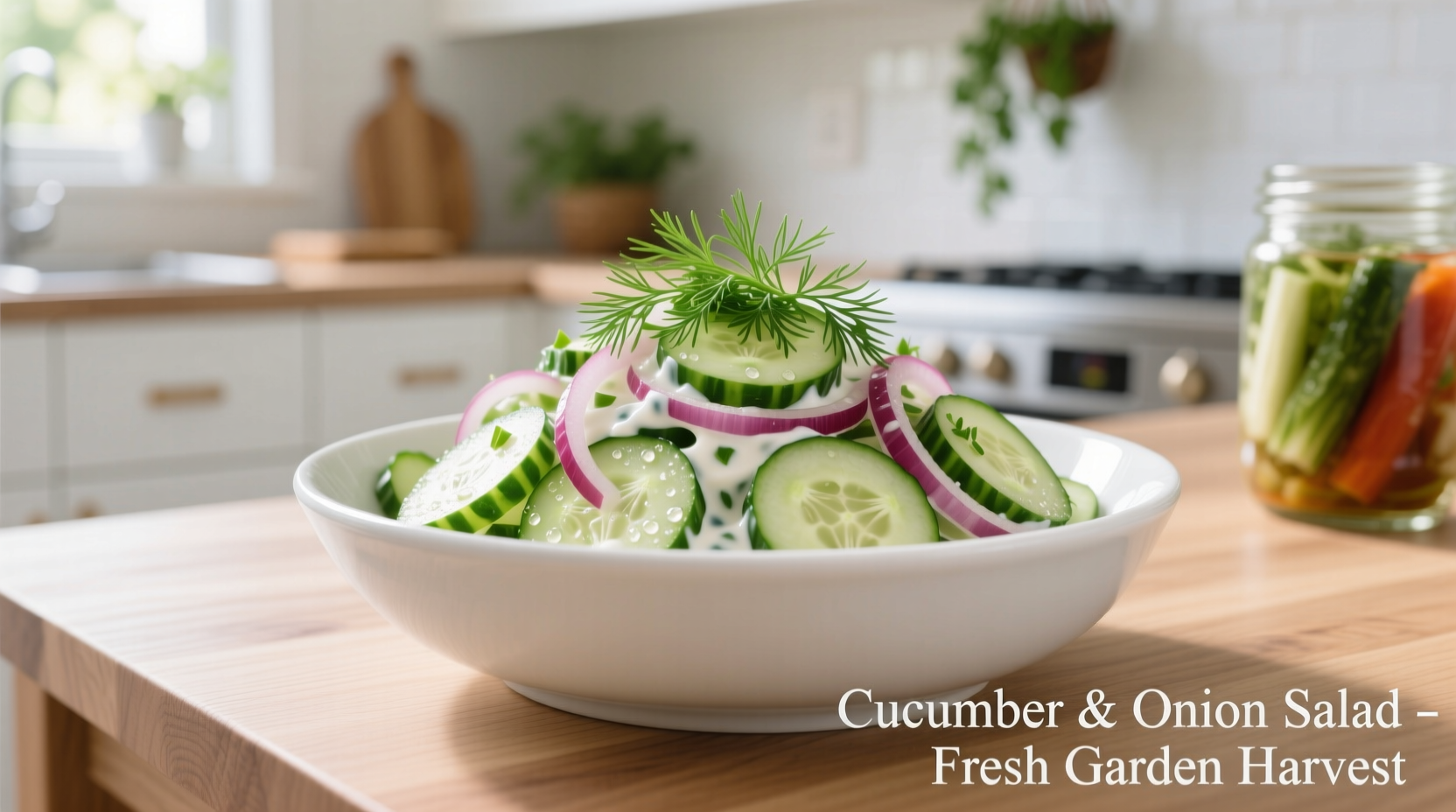 Creamy cucumber and onion salad in white bowl with fresh dill garnish