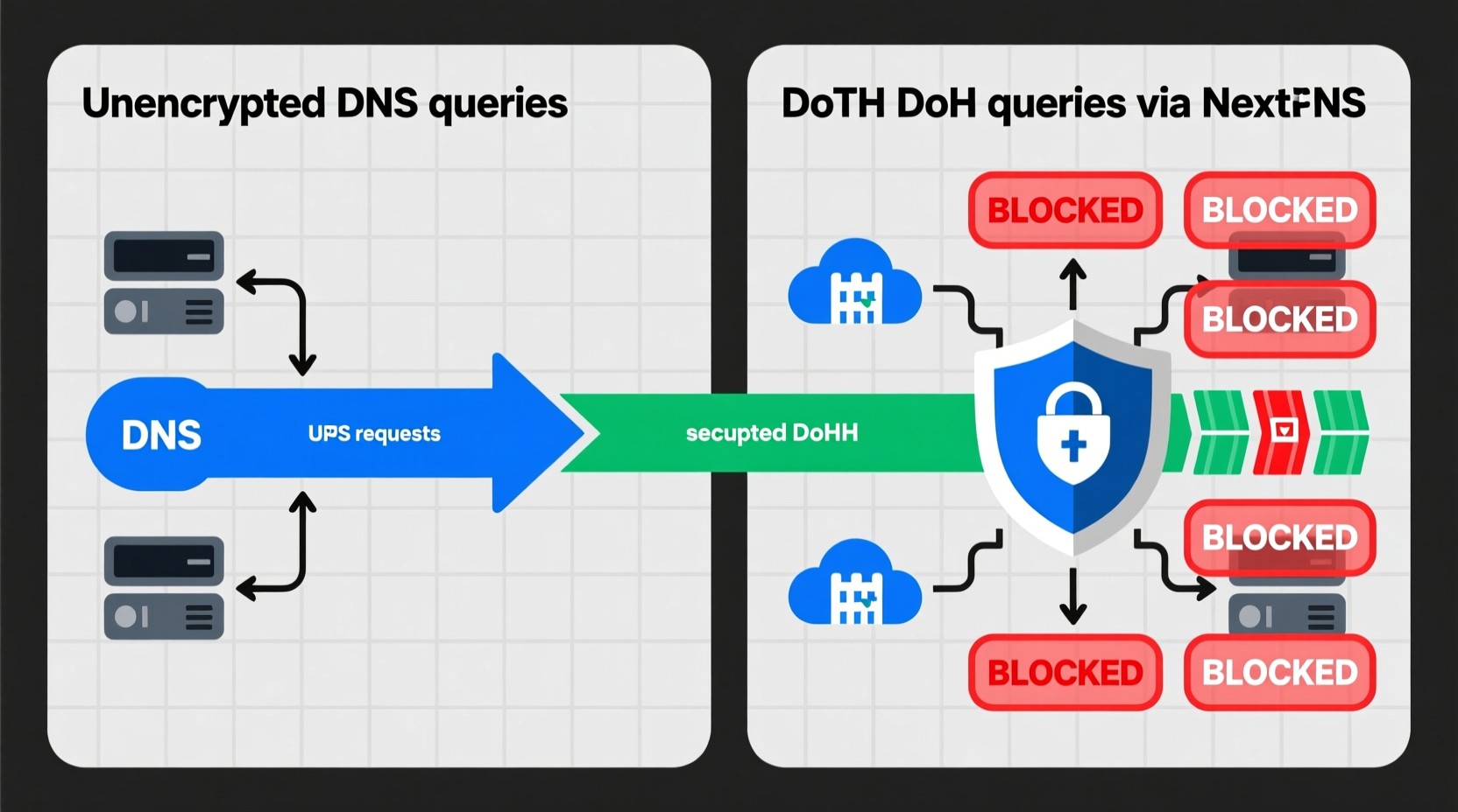 Side-by-side network diagram showing unencrypted DNS queries passing through ISP servers versus encrypted DoH queries routed to NextDNS, with red 'blocked' tags overlaying ad/tracker domains in the latter flow
