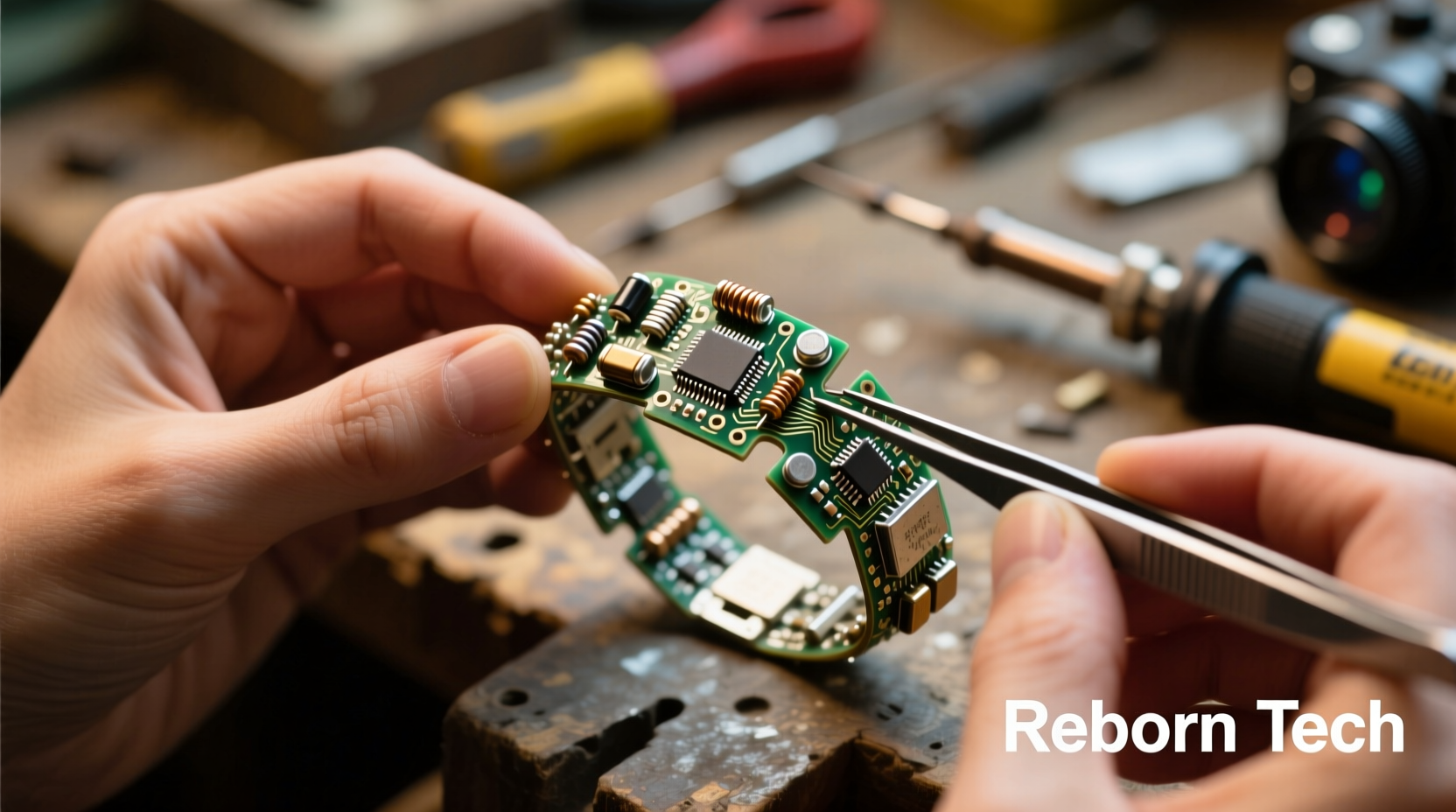Hand arranging upcycled electronic components as unique bracelet charms