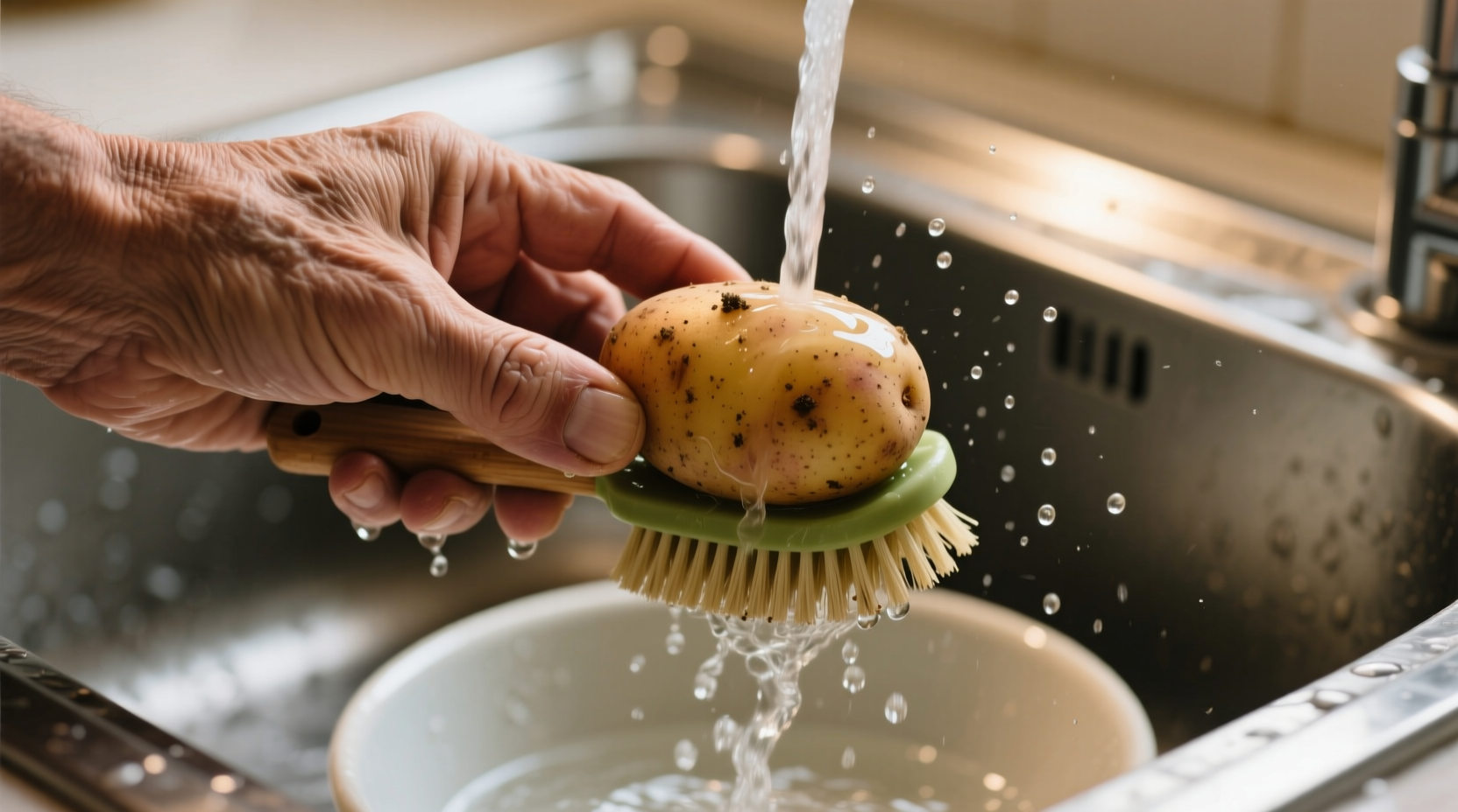 Hand scrubbing potatoes with vegetable brush under running water