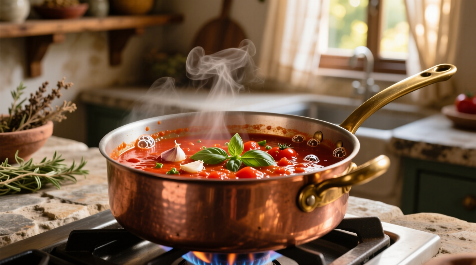 Fresh marinara sauce simmering in copper pot