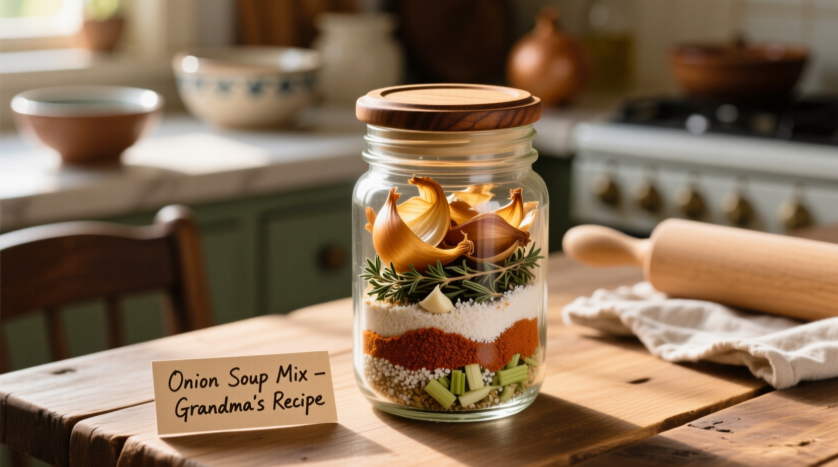 Homemade dry onion soup mix in mason jar