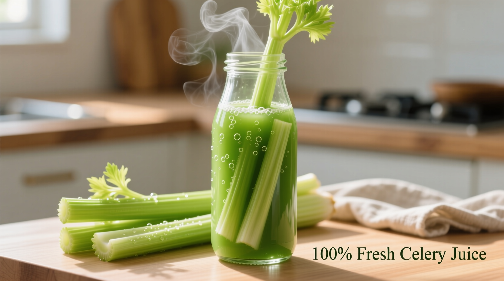 Fresh green celery juice in glass bottle with celery stalks