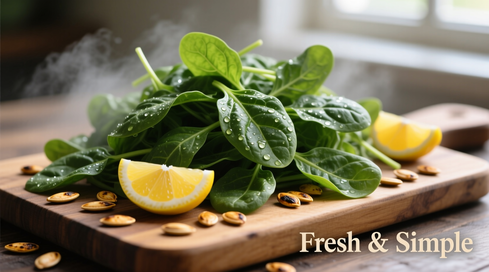 Fresh spinach leaves with lemon slices and pumpkin seeds