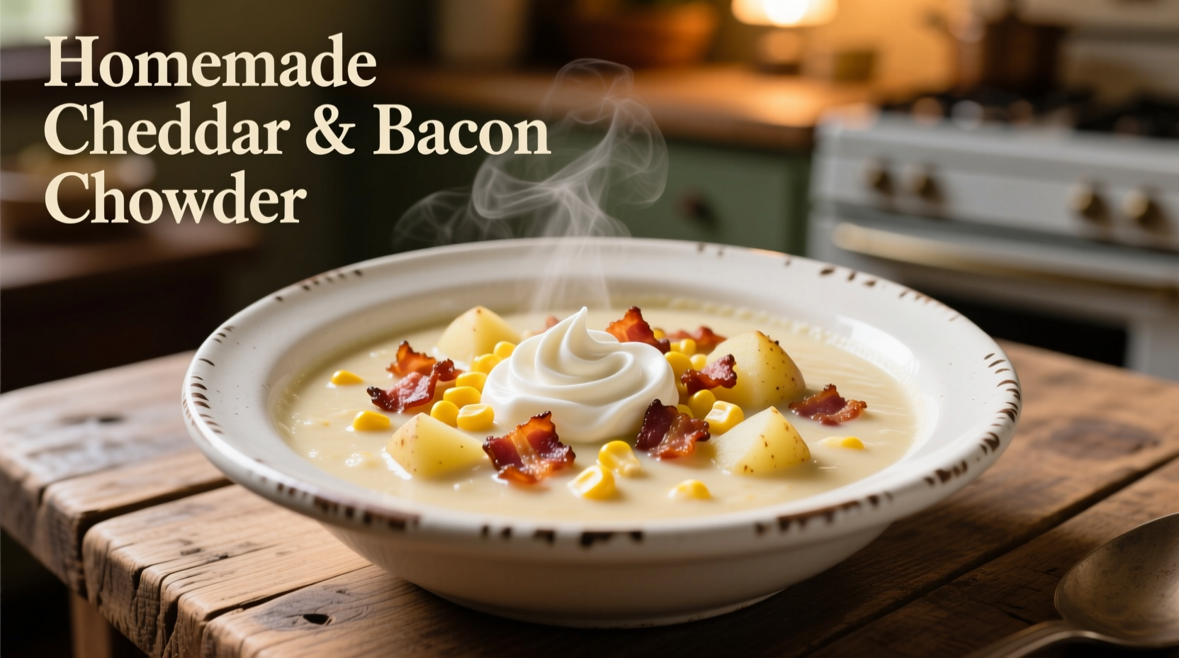 Creamy potato corn chowder with bacon in white bowl