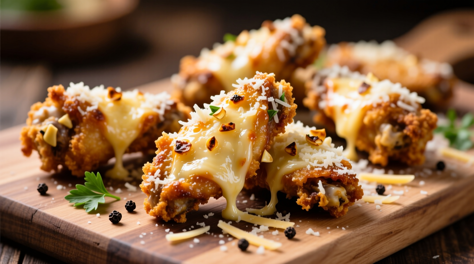Crispy garlic parmesan wings with visible cheese coating