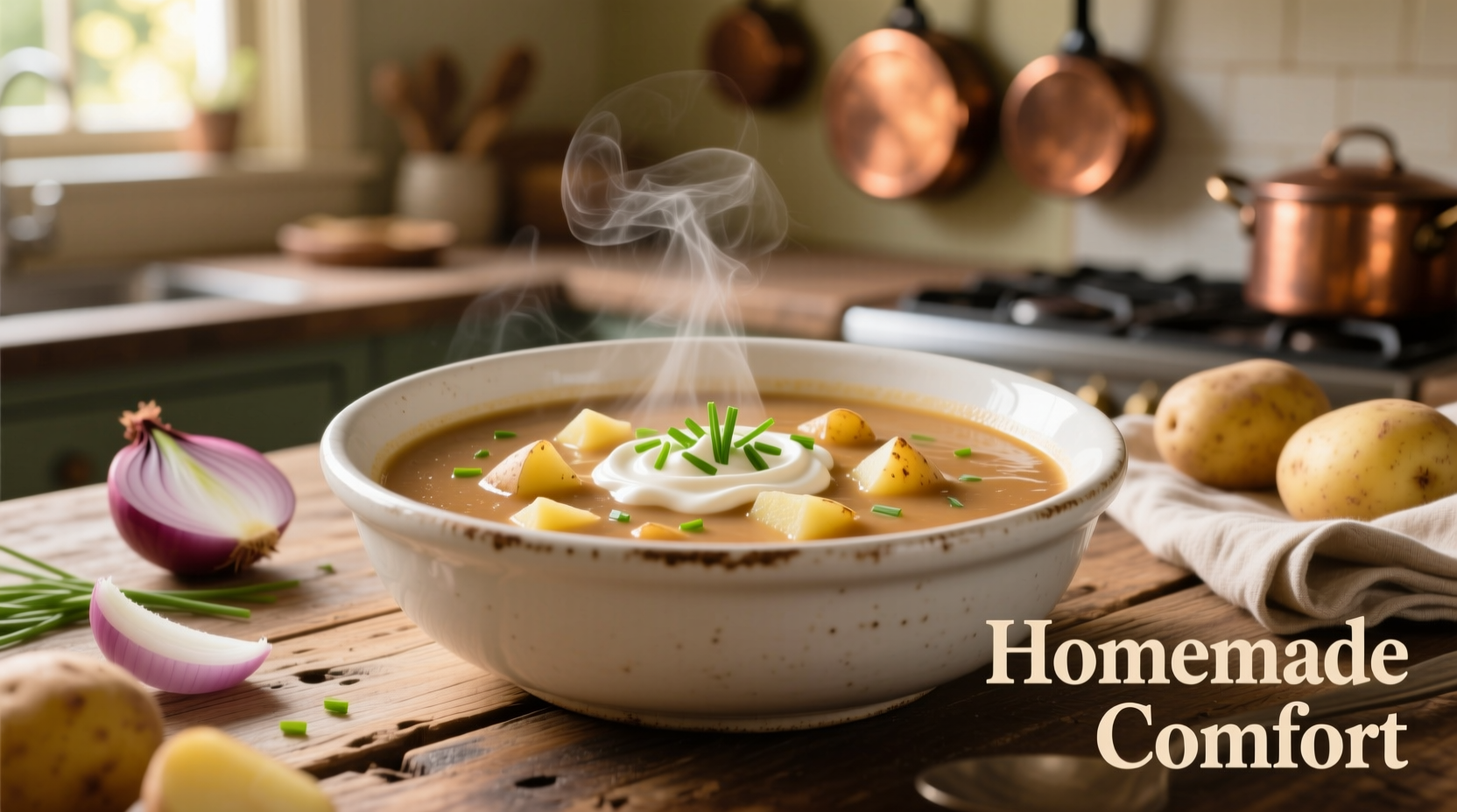Creamy crockpot potato soup in white bowl
