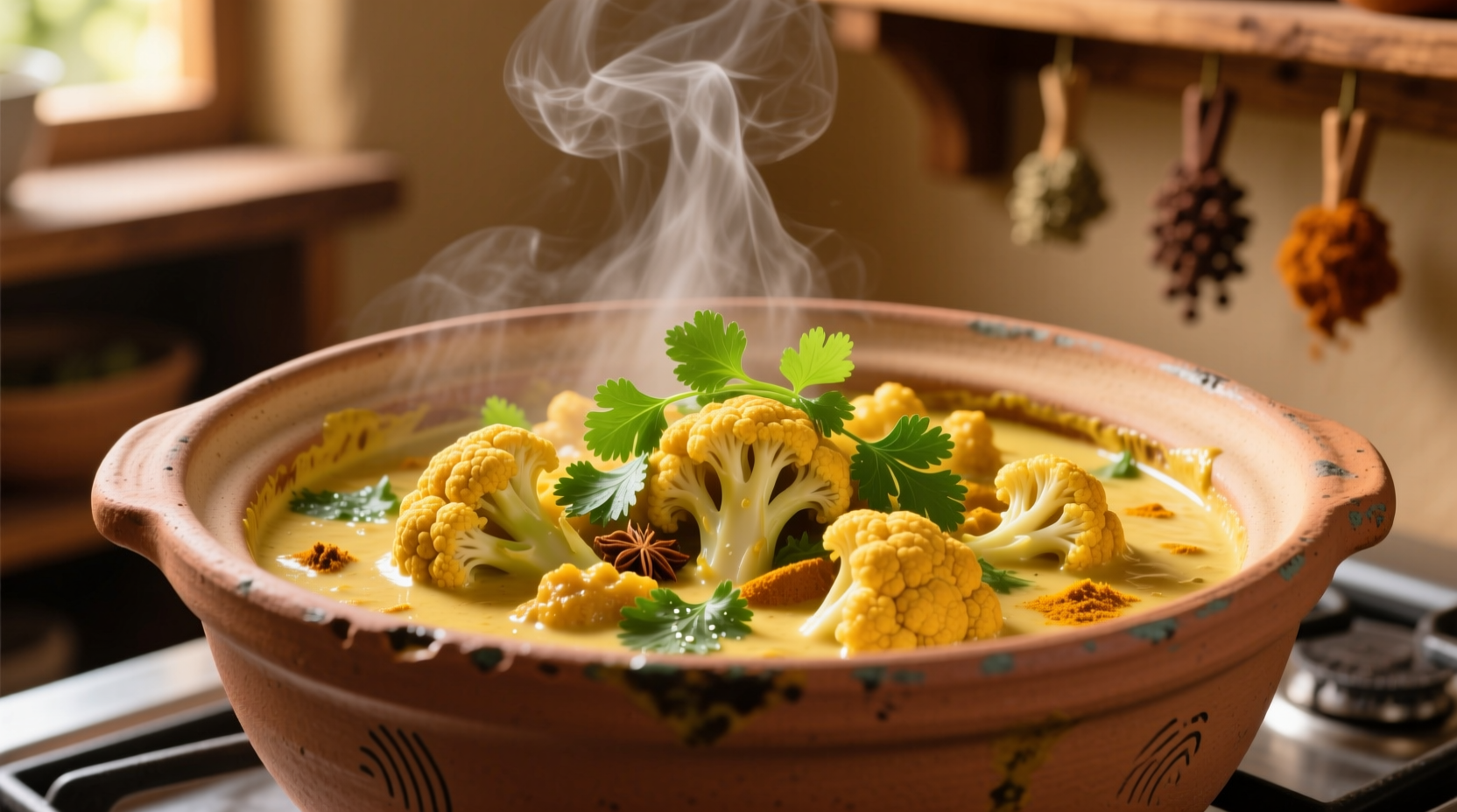 Golden cauliflower curry in clay pot with fresh cilantro