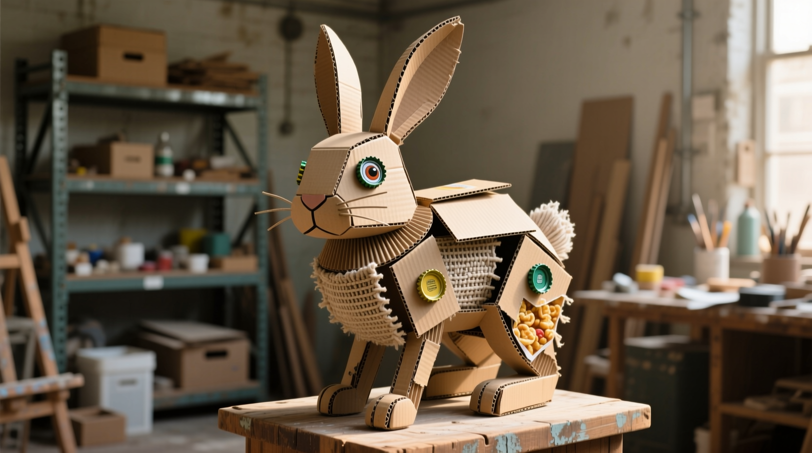 3D bunny sculpture made from cereal boxes and scrap fabric