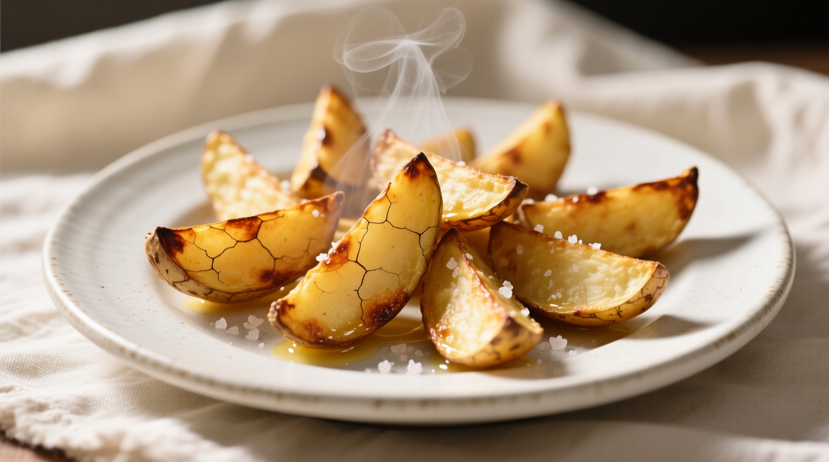 Freshly baked potato wedges on a white plate