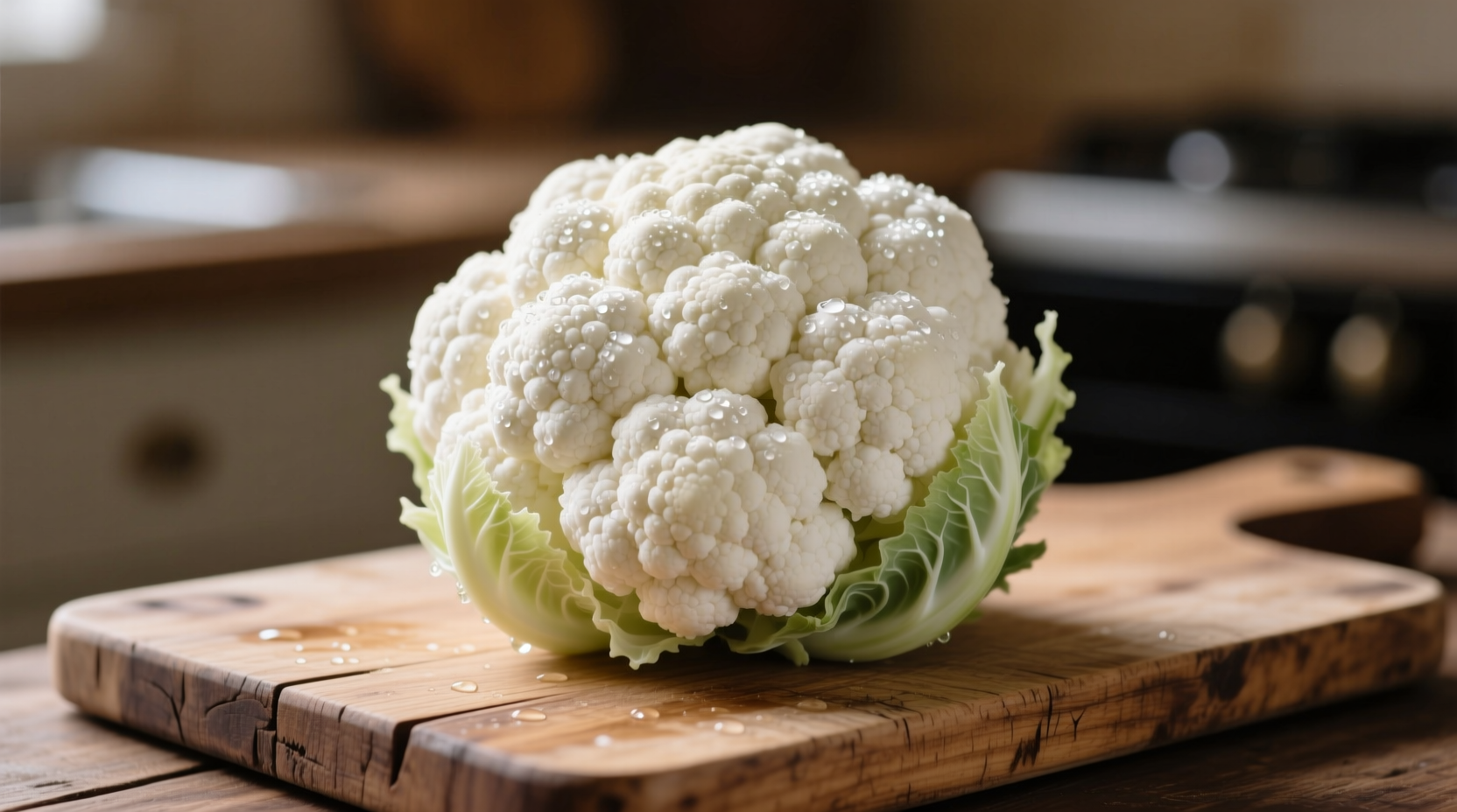 Fresh white cauliflower head on wooden cutting board