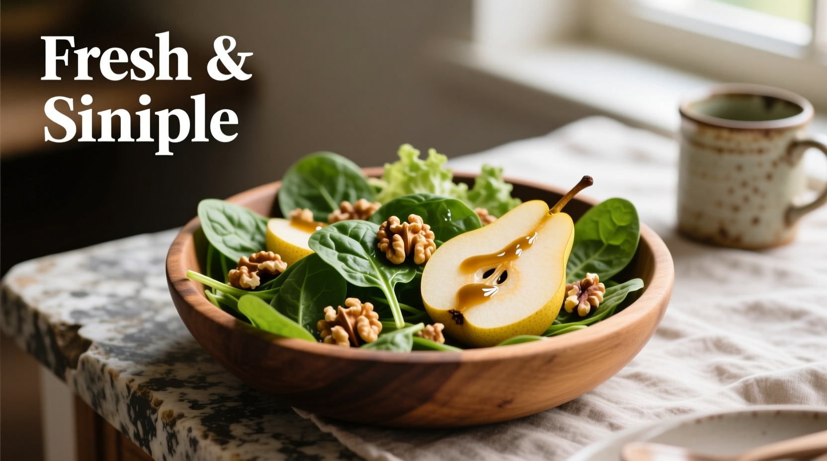 Fresh spinach and ripe pear salad with walnuts and vinaigrette