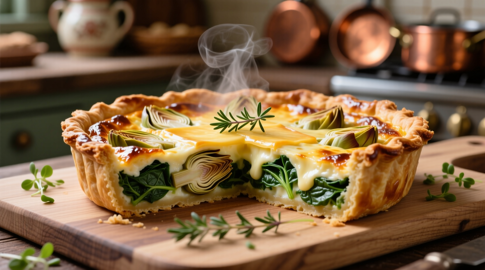 Spinach and artichoke quiche golden crust