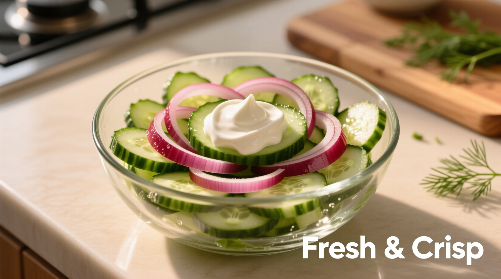 Fresh onion cucumber salad with sour cream in glass bowl