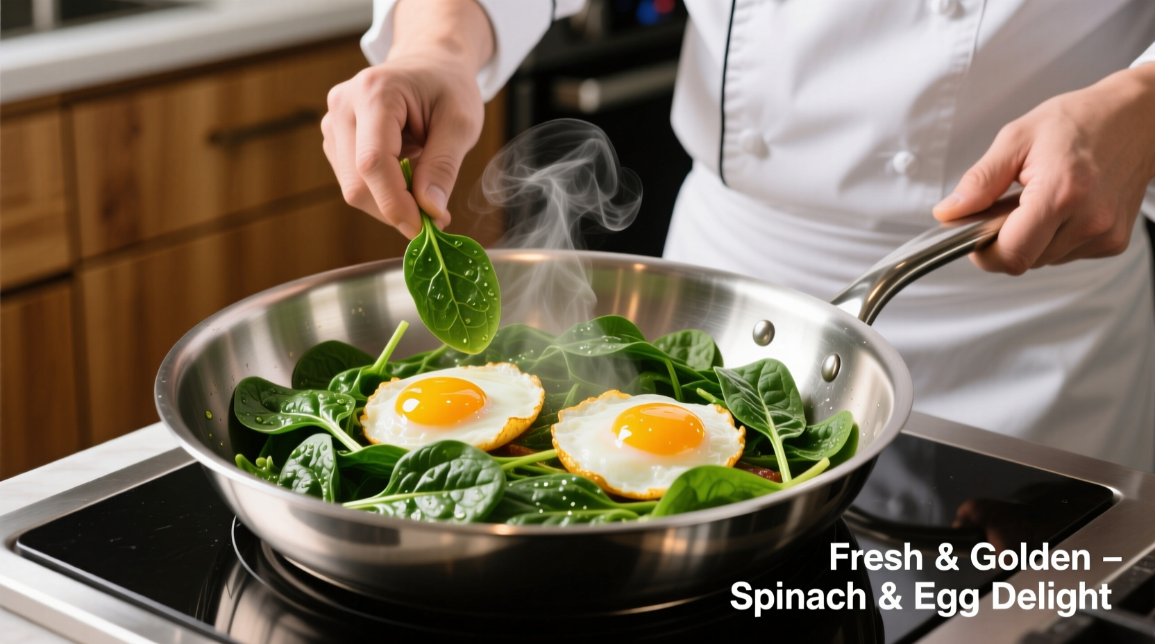 Chef preparing vibrant green spinach and golden eggs in stainless steel pan