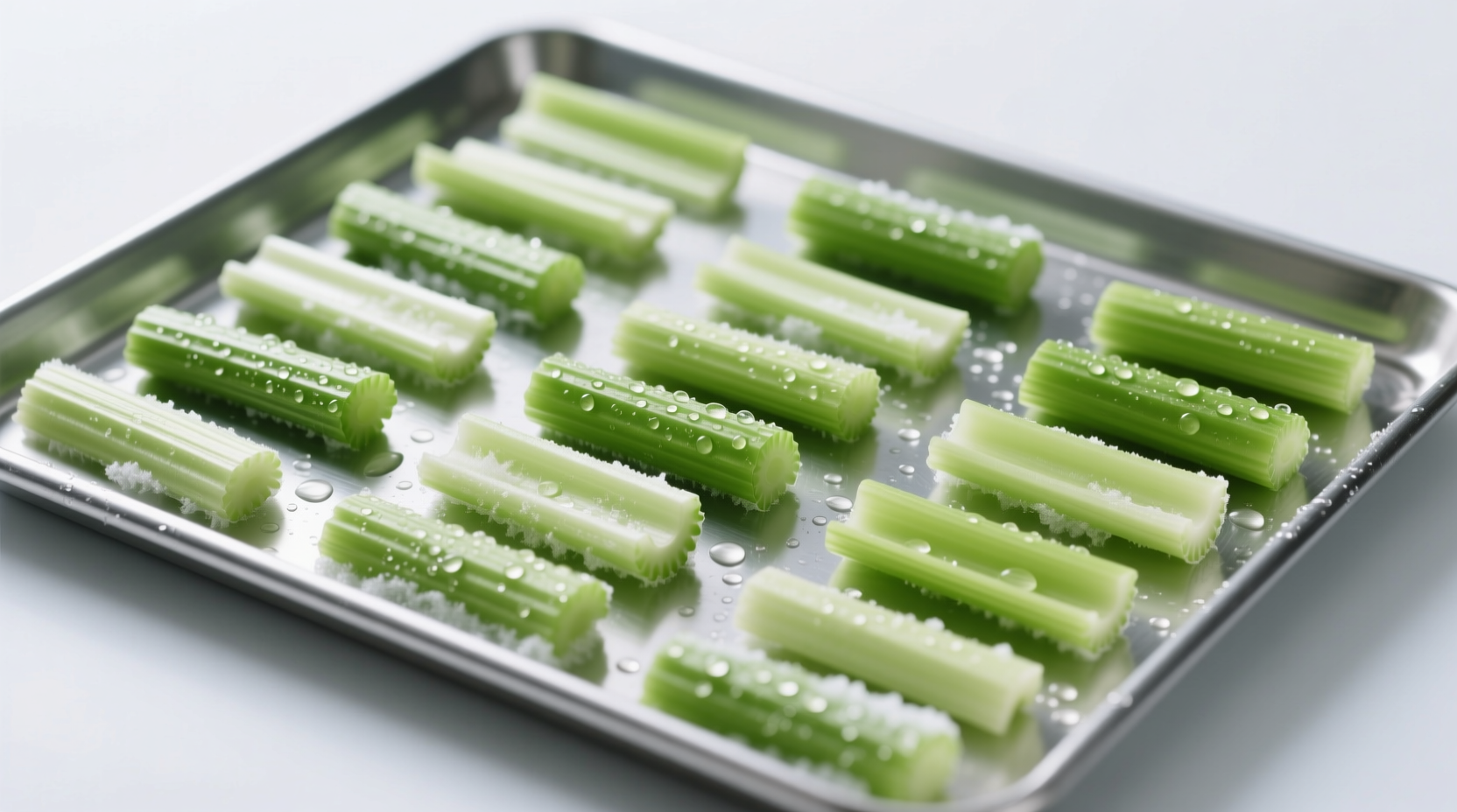 Chopped celery arranged on baking sheet for flash freezing