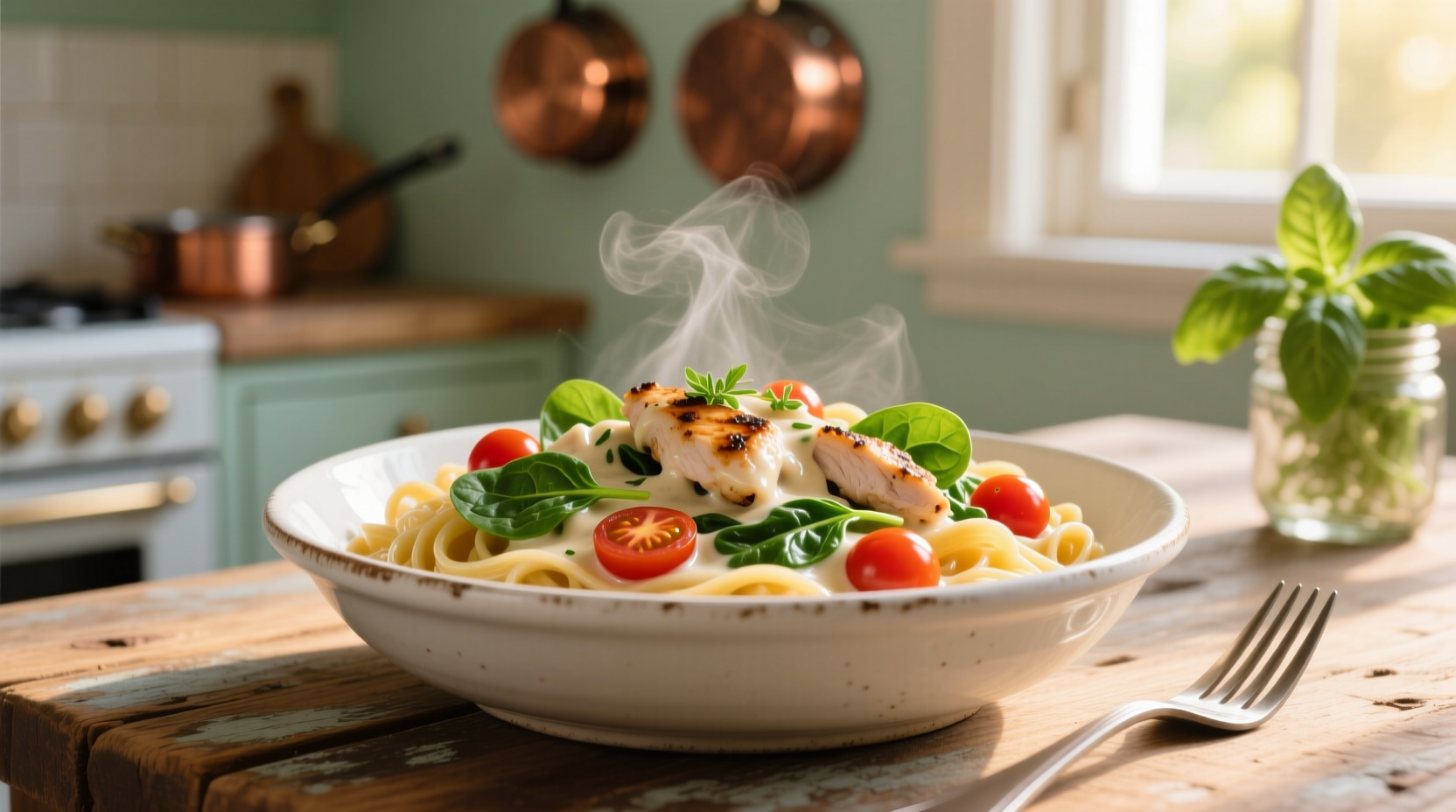 Creamy chicken spinach tomato pasta in white bowl
