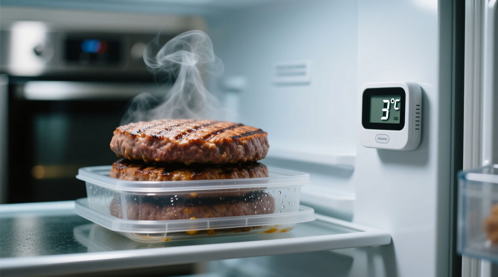 Cooked hamburger patties in airtight container with refrigerator thermometer