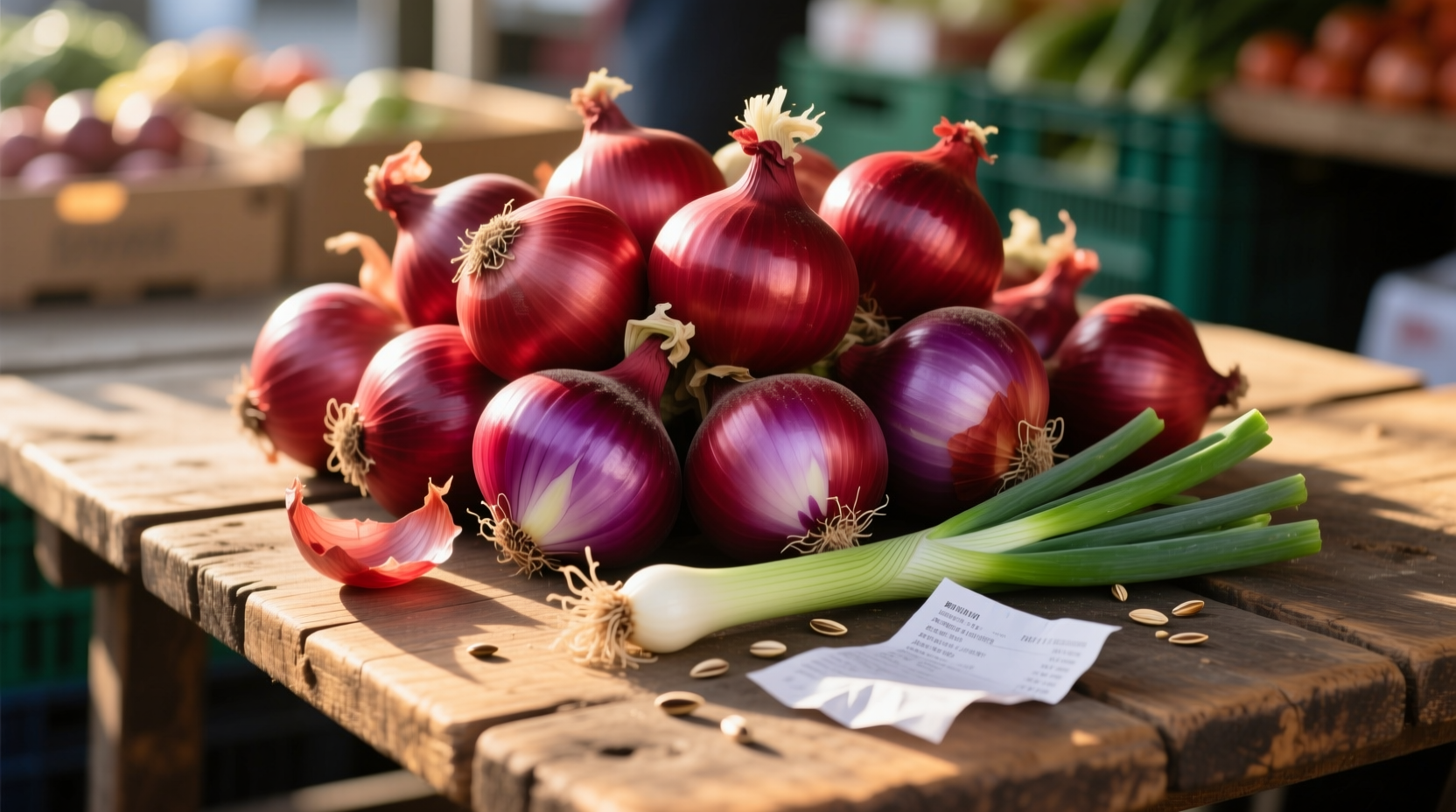 Fresh red onions on wooden market table