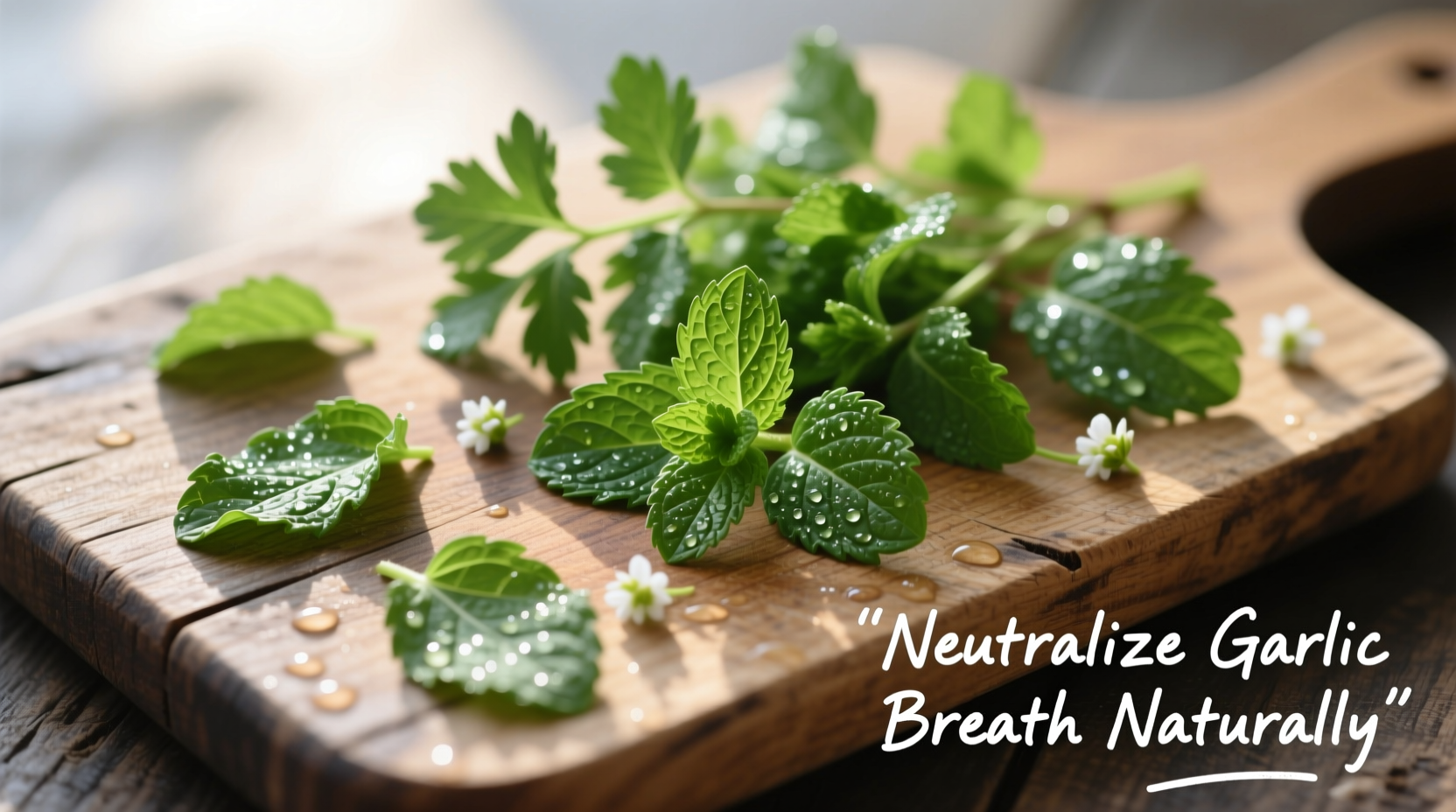 Fresh parsley and mint leaves for neutralizing garlic breath
