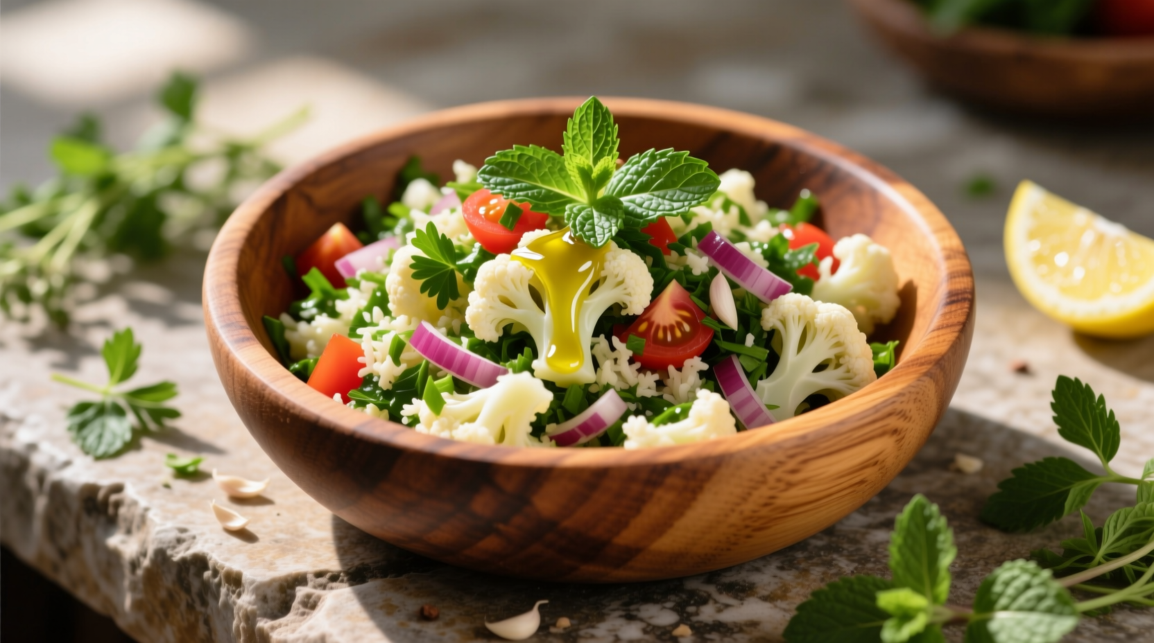 Fresh cauliflower tabouli in wooden bowl with herbs