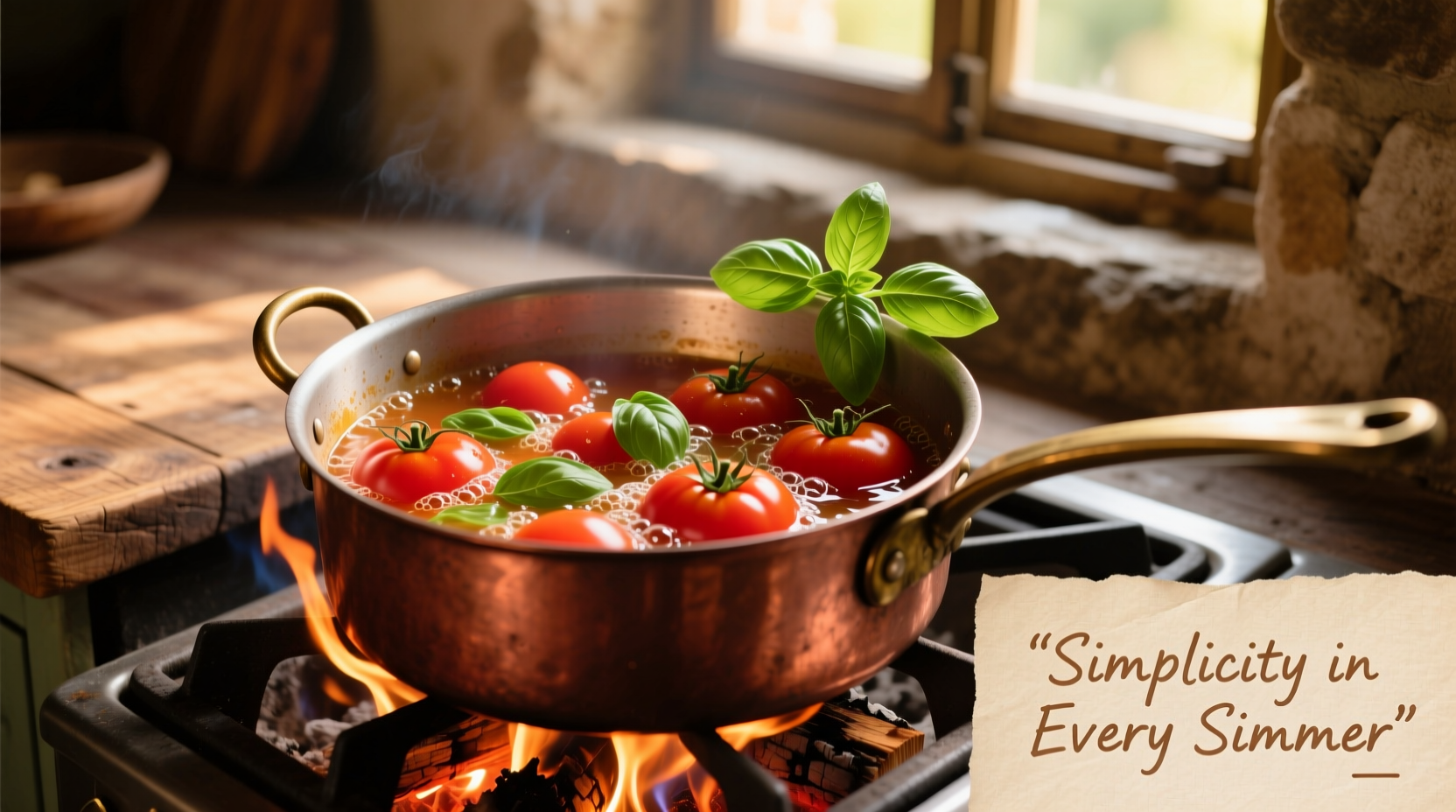 Roma tomatoes simmering in copper pot with fresh basil