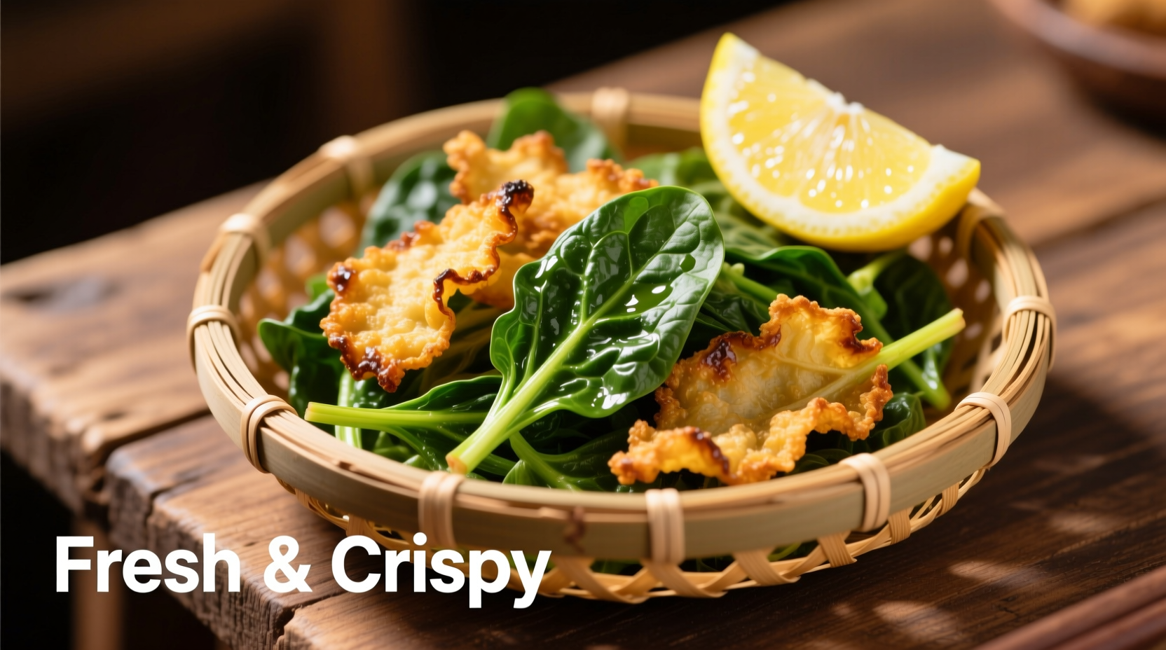 Crispy air fried spinach in basket with lemon wedge