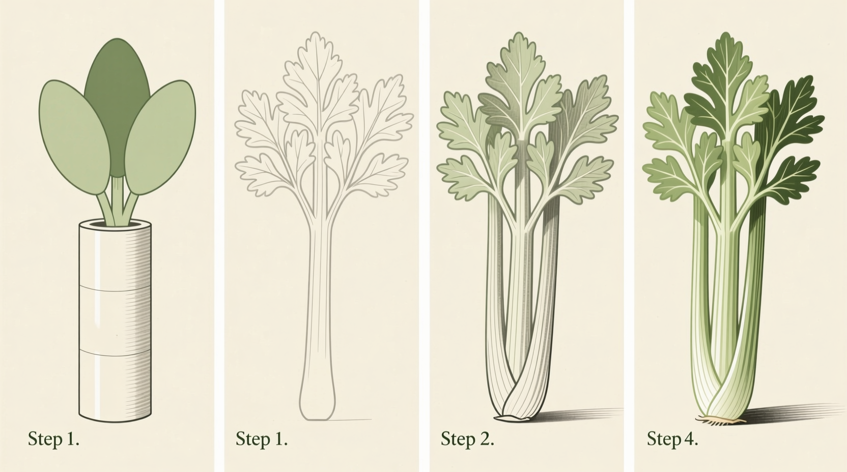Step-by-step celery drawing process showing basic shapes to finished illustration
